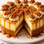 Slice of caramel pecan pie cheesecake topped with caramel sauce and pecans
