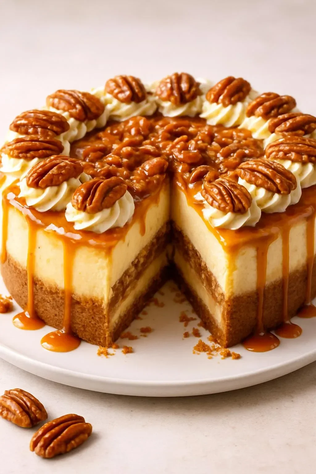 Slice of caramel pecan pie cheesecake topped with caramel sauce and pecans