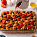 Delicious dump and bake French toast casserole ready to serve for breakfast.