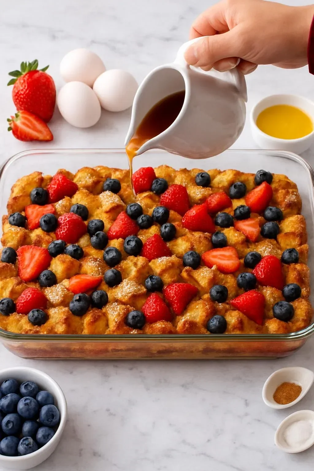 Delicious dump and bake French toast casserole ready to serve for breakfast.