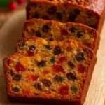 Delicious homemade fruit cake loaf on a wooden table