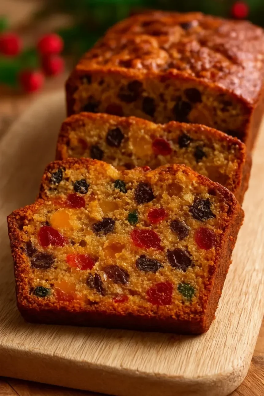 Delicious homemade fruit cake loaf on a wooden table