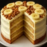 Gourmet banana walnut cake topped with walnuts and banana slices