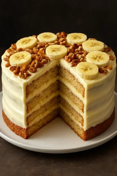 Gourmet banana walnut cake topped with walnuts and banana slices