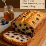 Sliced Greek Yogurt Blueberry Loaf on a wooden board with fresh blueberries