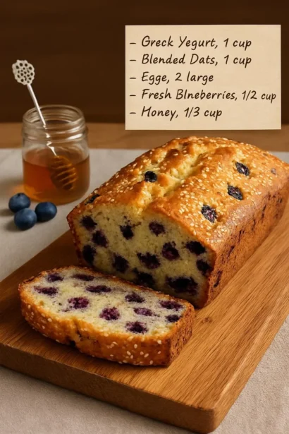 Sliced Greek Yogurt Blueberry Loaf on a wooden board with fresh blueberries