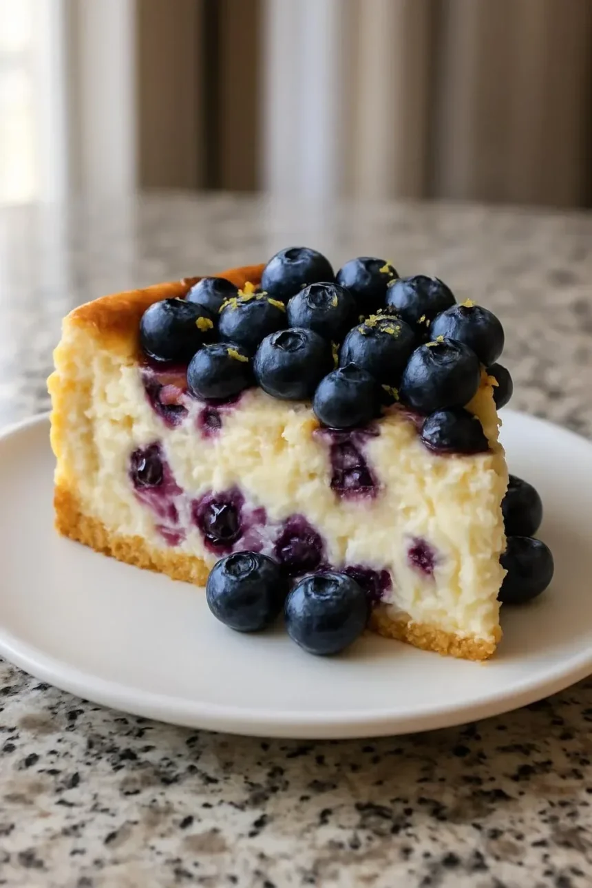 High-protein blueberry lemon cake with cottage cheese on a plate