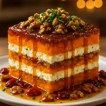 Layered sweet potato lasagna with butternut squash, feta, walnuts, and cranberry glaze
