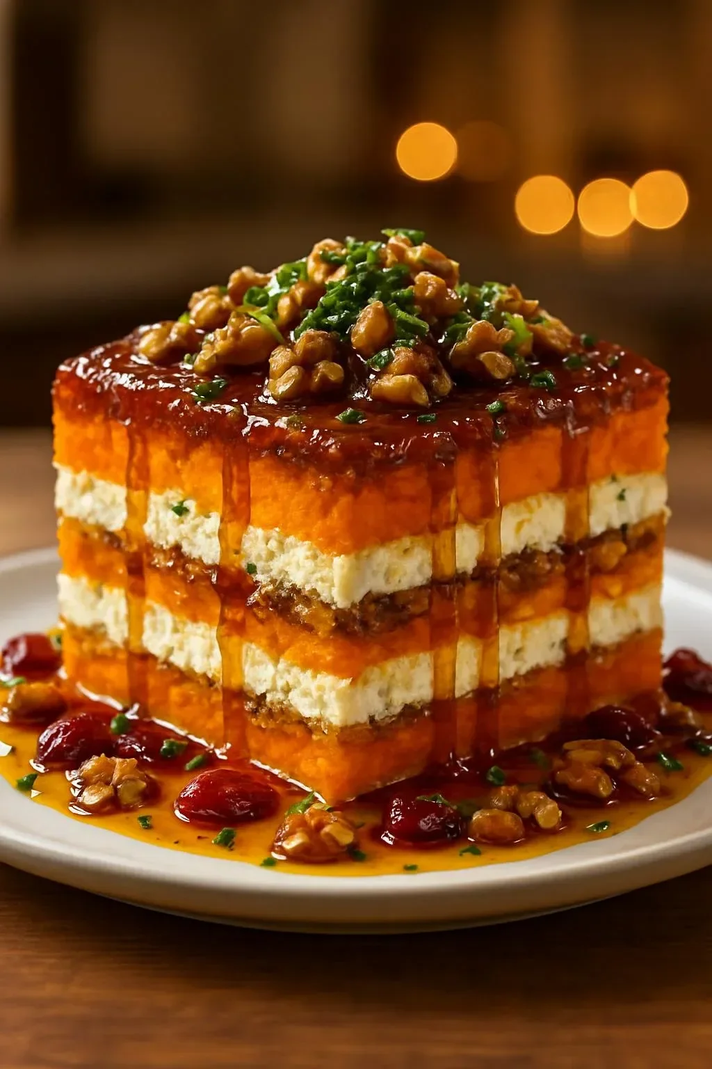 Layered sweet potato lasagna with butternut squash, feta, walnuts, and cranberry glaze