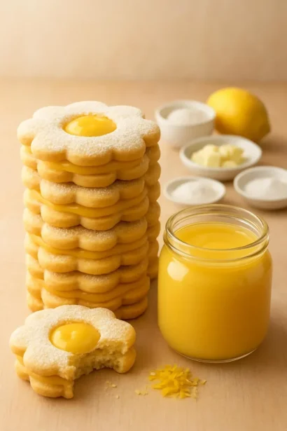 Lemon sandwich cookies with sandy dough and lemon cream filling on a plate.