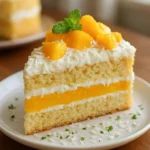 Delicious Mango Coconut Layer Cake with fresh mango topping and coconut layers.