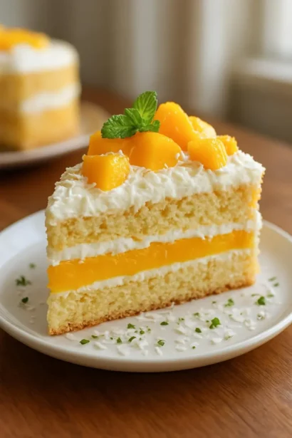 Delicious Mango Coconut Layer Cake with fresh mango topping and coconut layers.