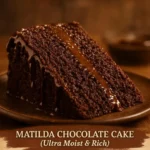 Delicious slice of ultra moist Matilda chocolate cake topped with rich frosting