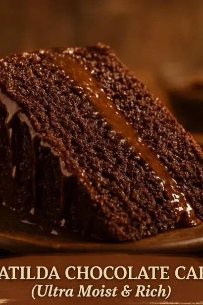 Delicious slice of ultra moist Matilda chocolate cake topped with rich frosting