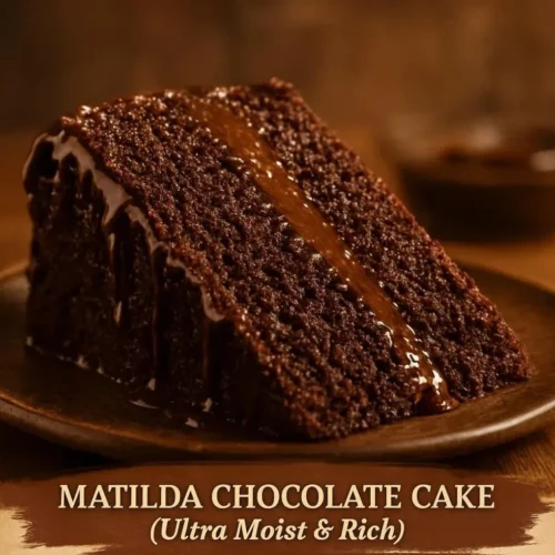 Delicious slice of ultra moist Matilda chocolate cake topped with rich frosting