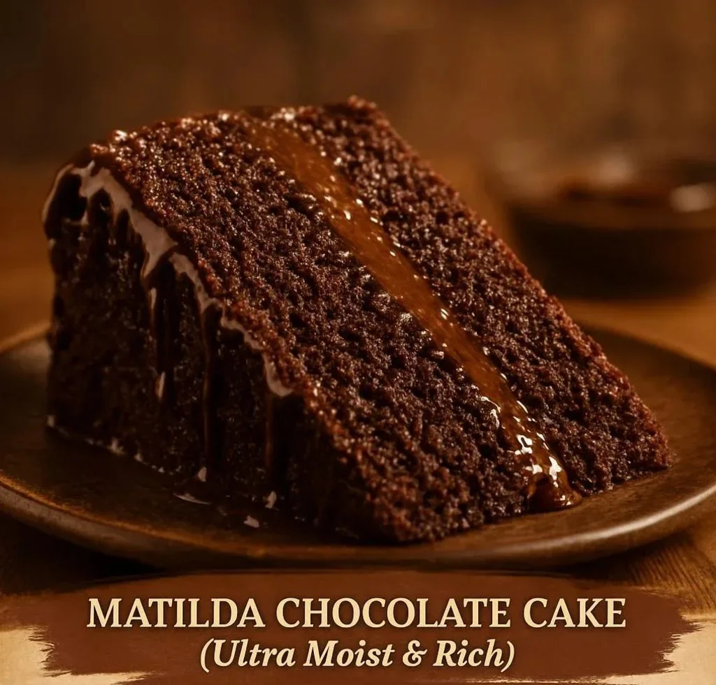 Delicious slice of ultra moist Matilda chocolate cake topped with rich frosting