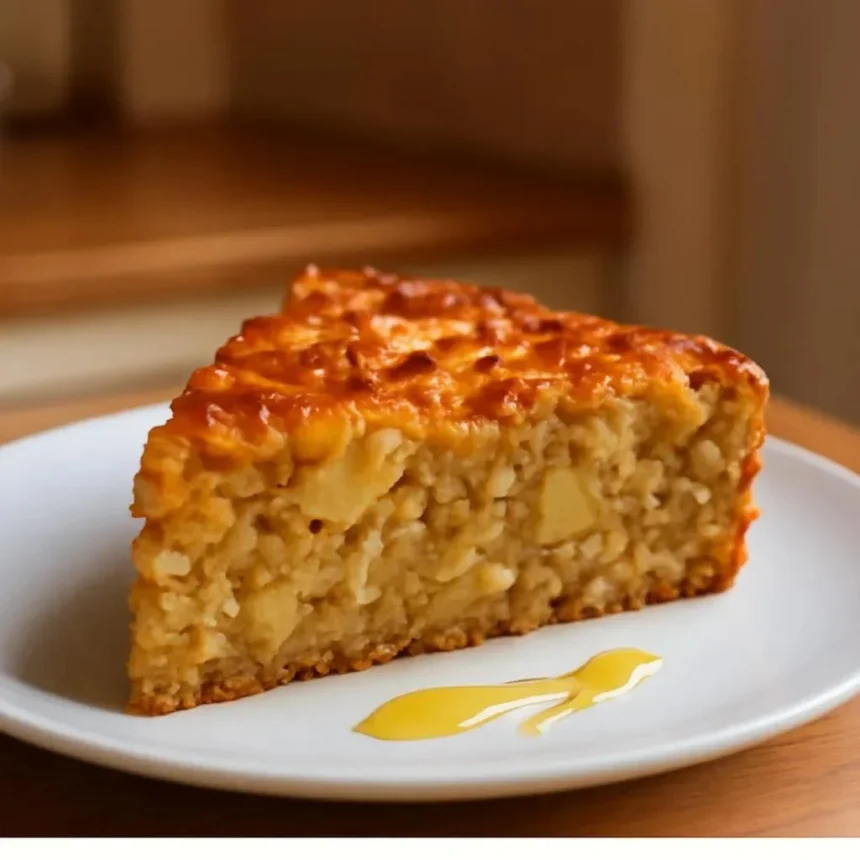 Delicious No Flour Oatmeal Apple Cake topped with fresh apple slices
