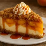 Delicious Peach Cobbler Cheesecake topped with fresh peaches and a crunchy crust.