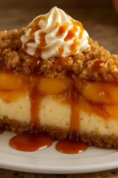 Delicious Peach Cobbler Cheesecake topped with fresh peaches and a crunchy crust.