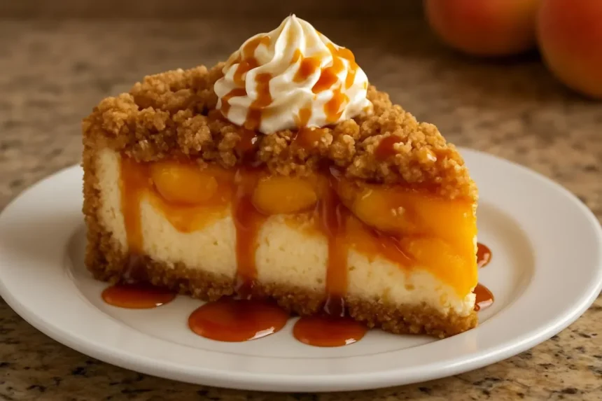 Delicious Peach Cobbler Cheesecake topped with fresh peaches and a crunchy crust.