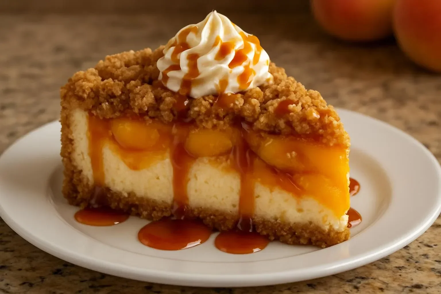Delicious Peach Cobbler Cheesecake topped with fresh peaches and a crunchy crust.
