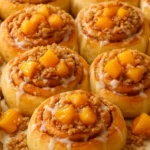 Delicious peach cobbler cinnamon rolls topped with cream and fresh peaches