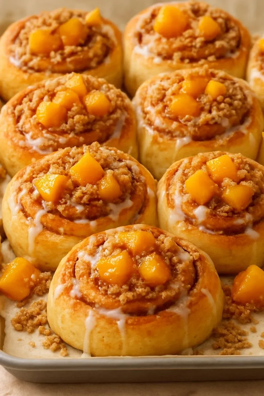 Delicious peach cobbler cinnamon rolls topped with cream and fresh peaches