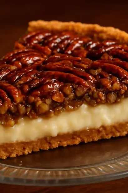 Delicious pecan cheesecake pie with creamy filling and pecan topping