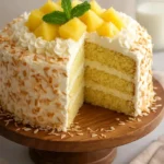 A slice of Pineapple Coconut Dream Cake with tropical toppings