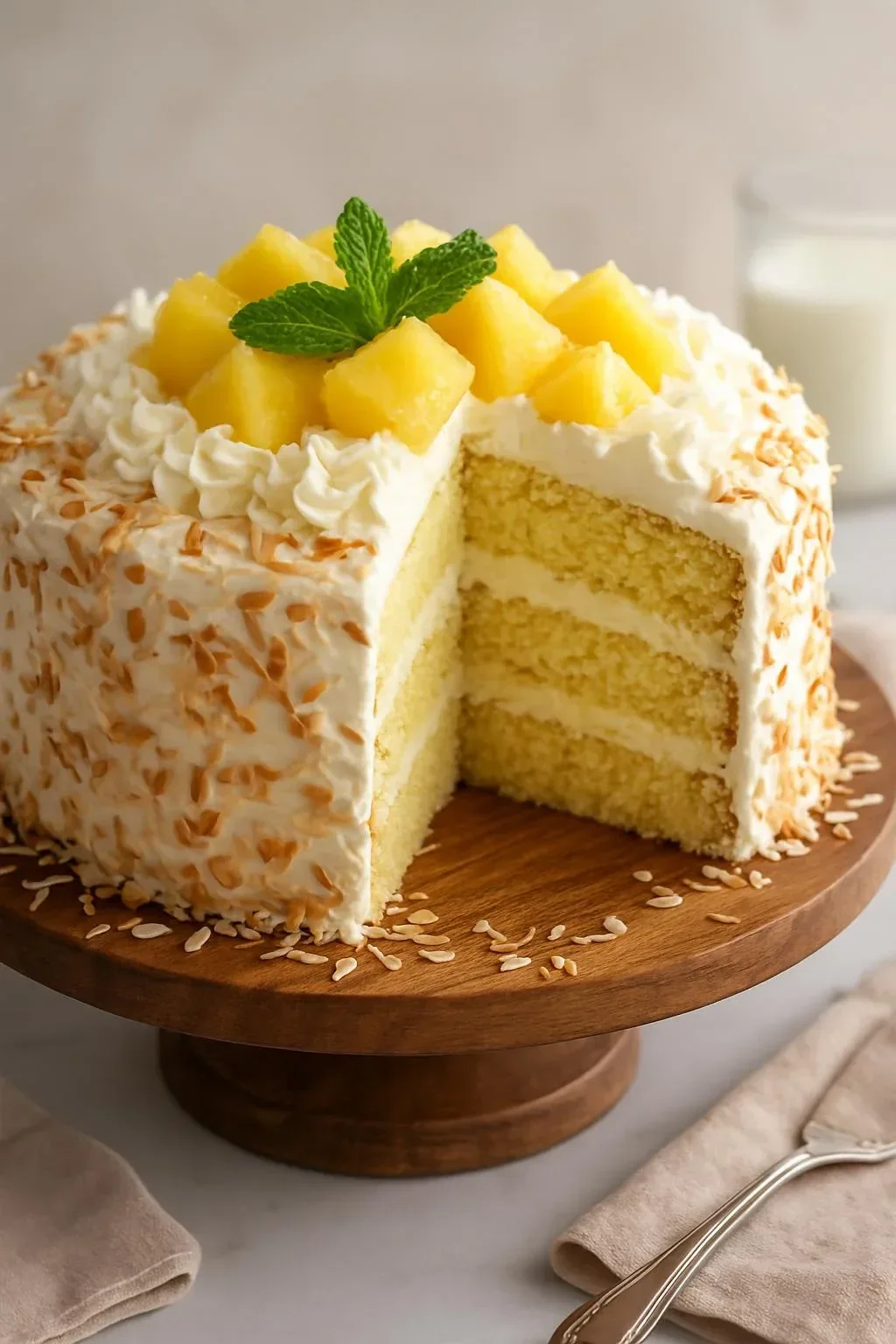 A slice of Pineapple Coconut Dream Cake with tropical toppings