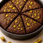 Delicious pistachio brownie topped with chopped pistachios and chocolate drizzle.
