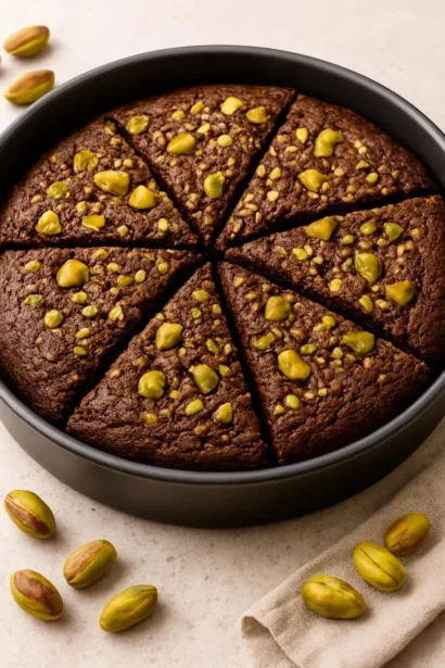 Delicious pistachio brownie topped with chopped pistachios and chocolate drizzle.