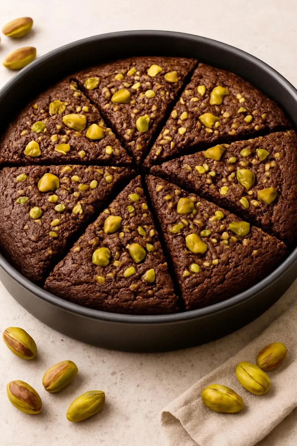 Delicious pistachio brownie topped with chopped pistachios and chocolate drizzle.
