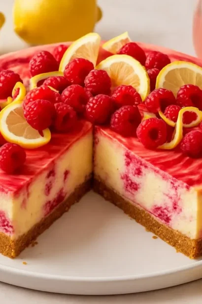 Raspberry lemonade cheesecake slice garnished with fresh raspberries and lemon.