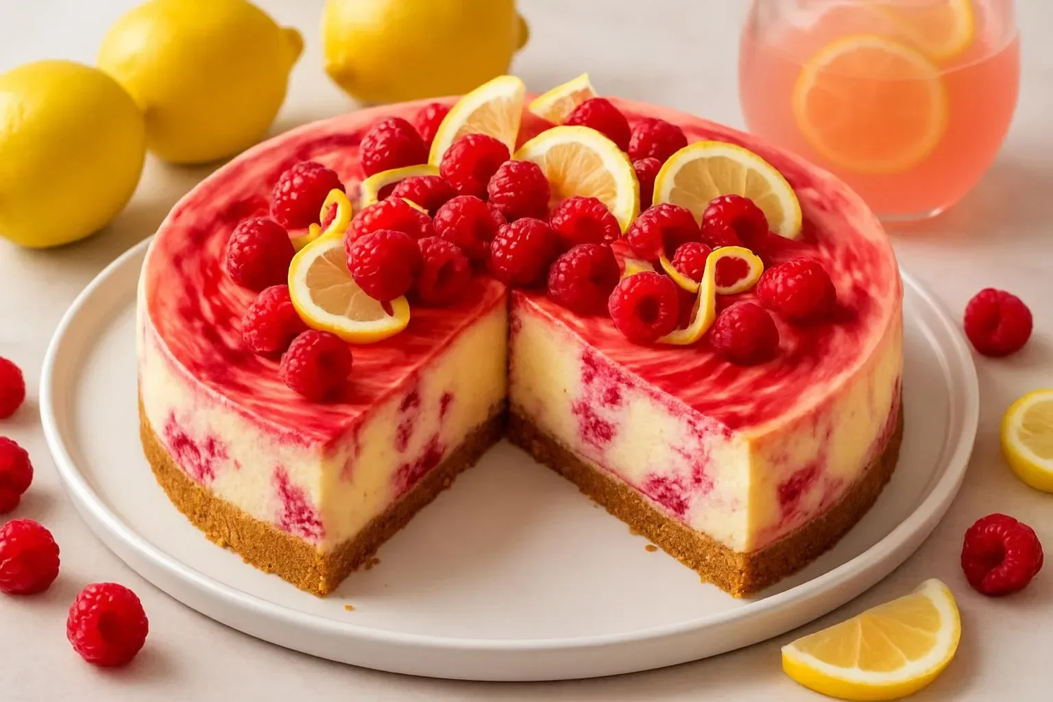 Raspberry lemonade cheesecake slice garnished with fresh raspberries and lemon.