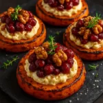 Roasted sweet potato bites with goat cheese, cranberries, and walnuts on a plate