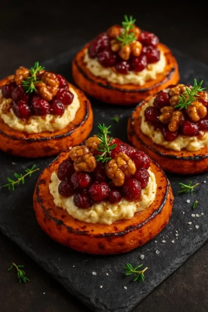 Roasted sweet potato bites with goat cheese, cranberries, and walnuts on a plate