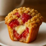 Delicious Strawberry Cheesecake Muffins topped with crumble.