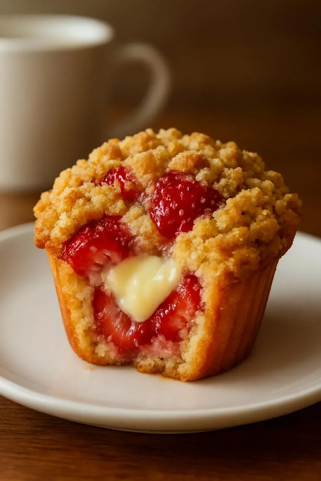 Delicious Strawberry Cheesecake Muffins topped with crumble.