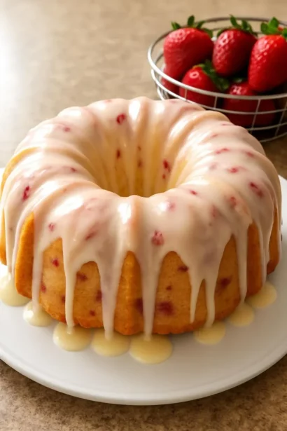 Delicious slice of Strawberry Cream Cheese Pound Cake topped with strawberries