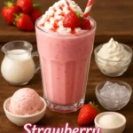 Creamy strawberry milkshake topped with fresh strawberries and whipped cream