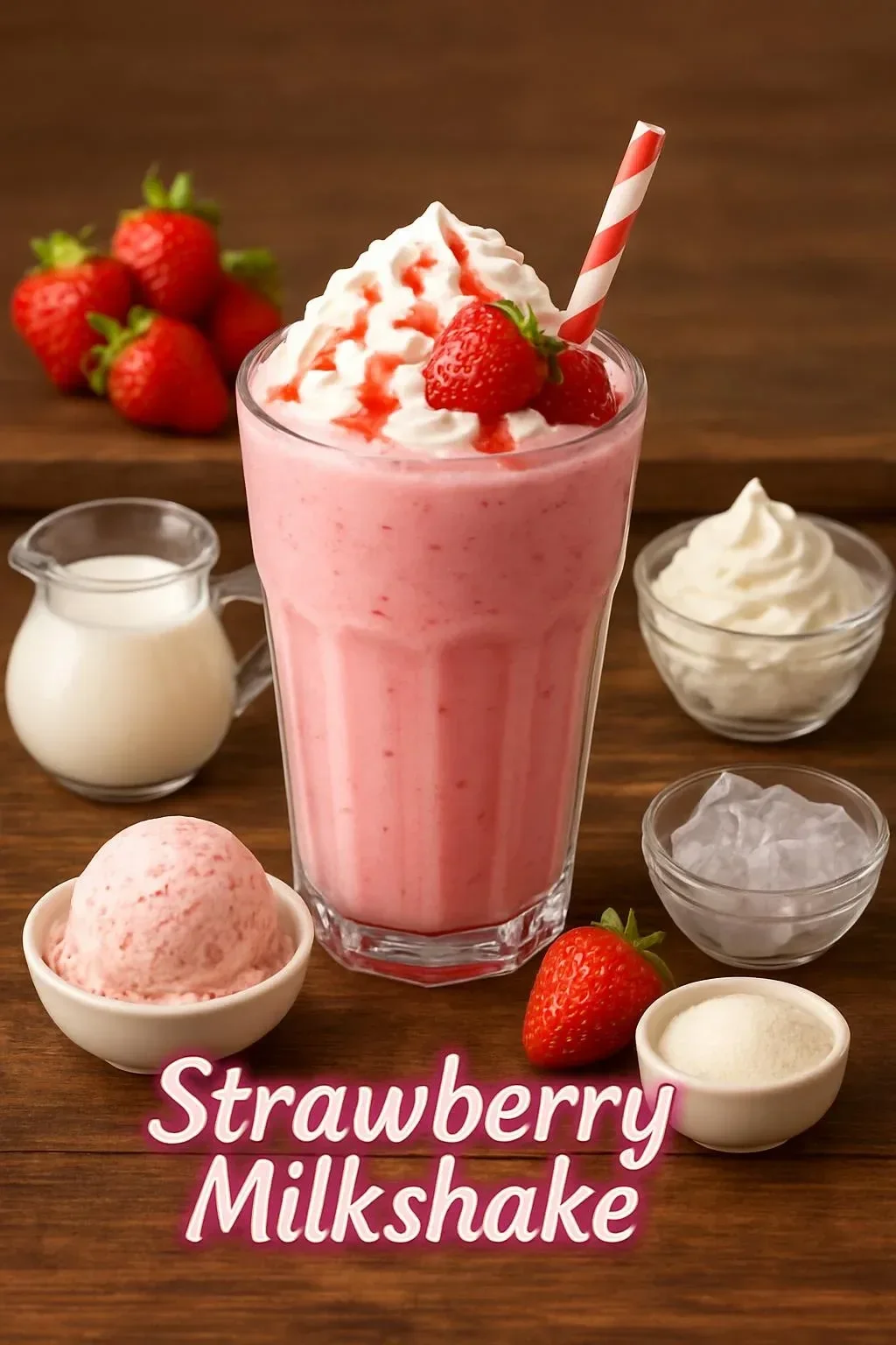 Creamy strawberry milkshake topped with fresh strawberries and whipped cream