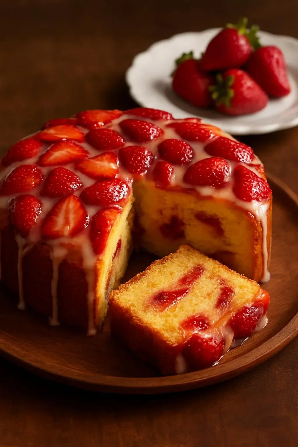 Delicious Strawberry Pineapple Pound Cake slice on a white plate.