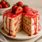 Delicious Strawberry Swirl Ice Cream Cake topped with fresh strawberries and cream