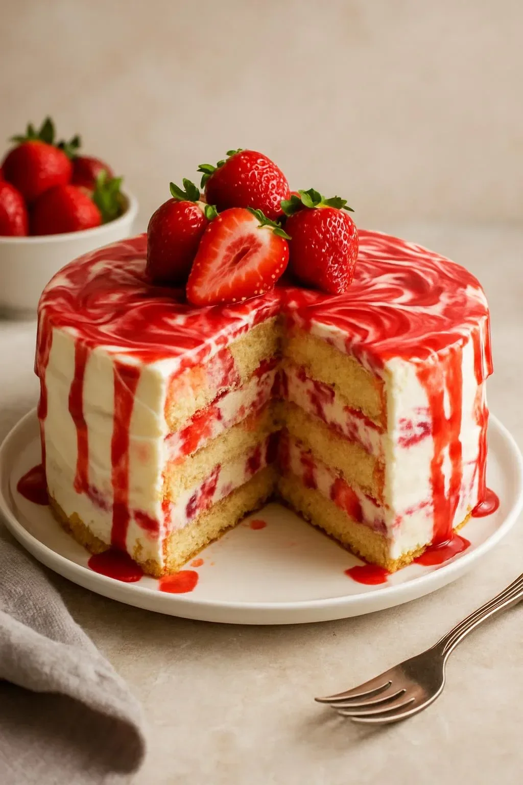 Delicious Strawberry Swirl Ice Cream Cake topped with fresh strawberries and cream
