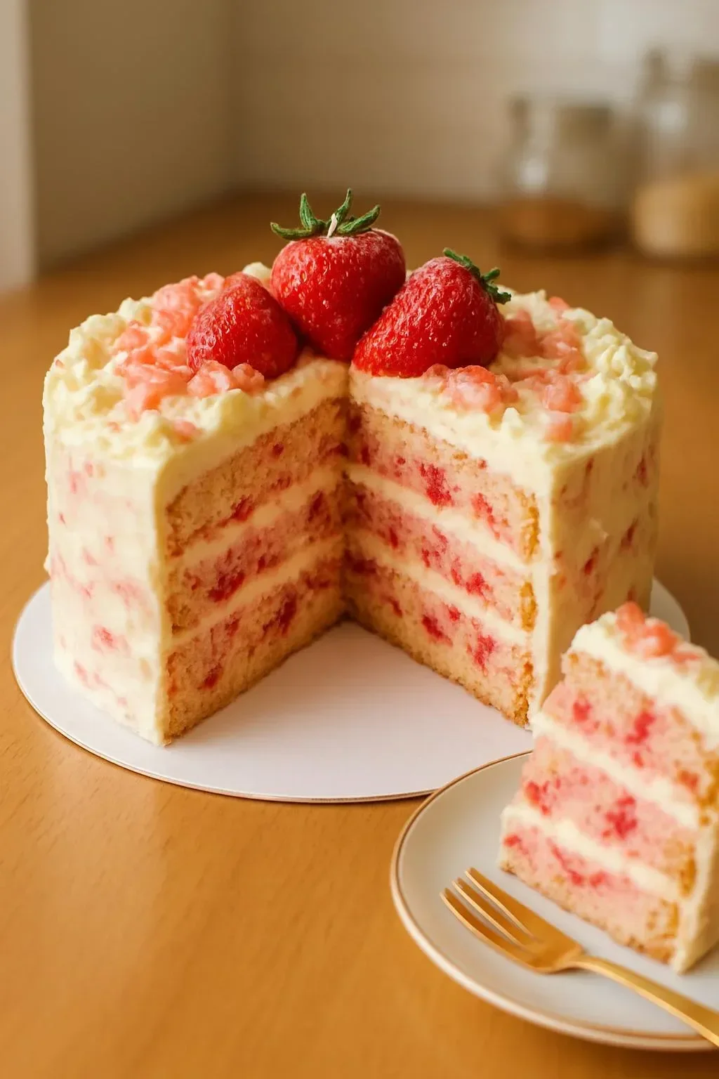 Delicious Strawberry White Chocolate Cake with cream cheese frosting
