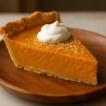Delicious sweet potato pie topped with whipped cream and served on a plate
