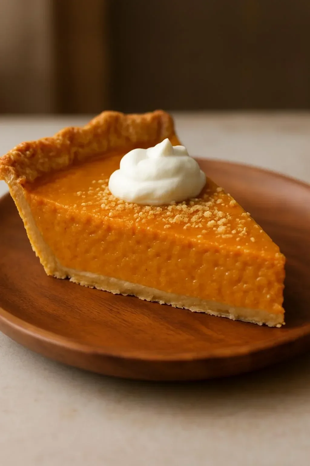 Delicious sweet potato pie topped with whipped cream and served on a plate