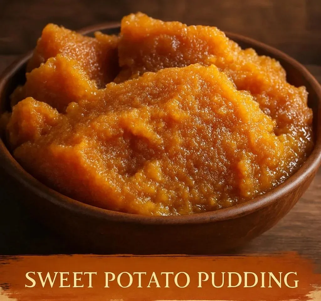 Creamy sweet potato pudding served in a bowl, garnished with spices.
