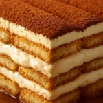 Delicious homemade tiramisu layered with coffee-soaked biscuits and mascarpone cheese
